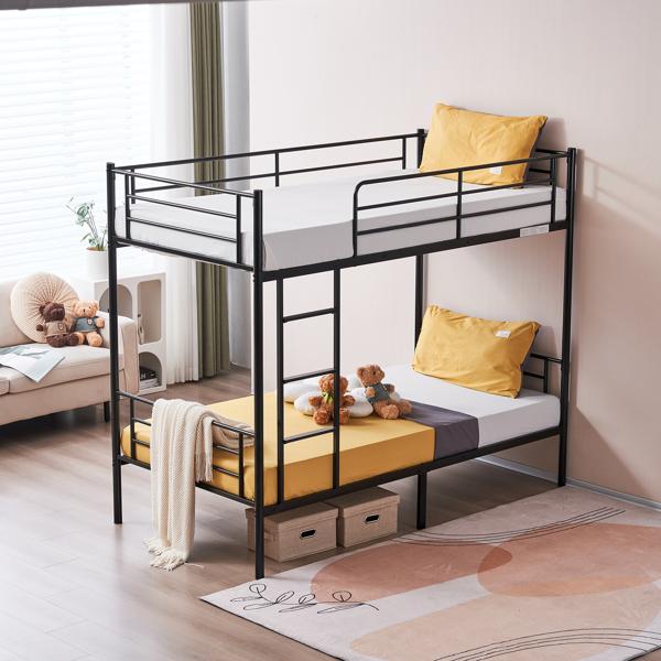 Iron Bed Bunk Bed with Ladder for All Ages Twin Size Black Bedroom Bedframe with 33.5cm Fence & 26.5cm Storage Space Modern Design