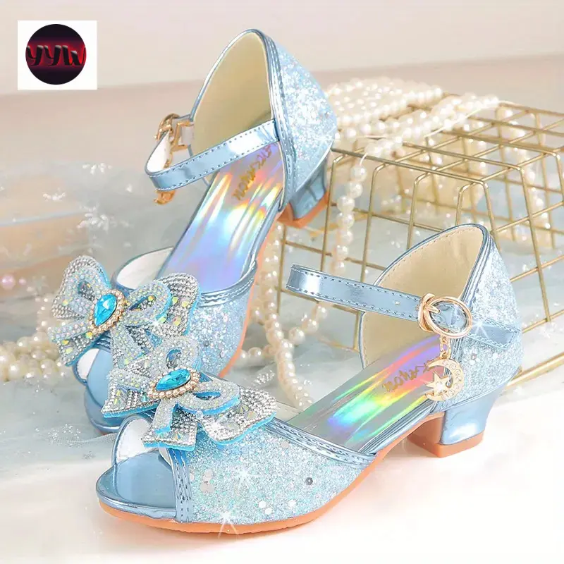 YYW1 2025 New Style Elsa Sandals Girls, Crystal Heels, Fashionable Princess Shoes Children.