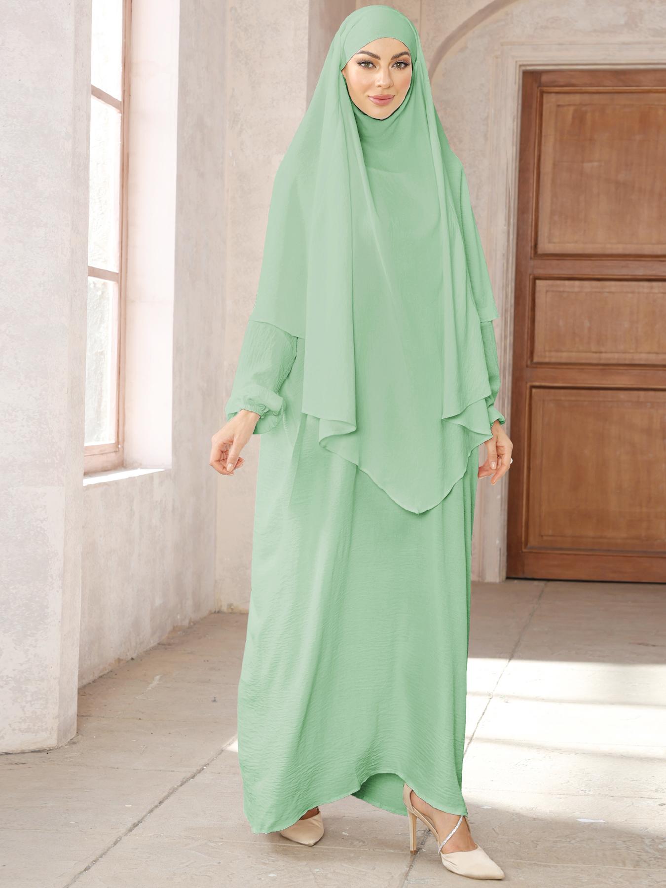 Women's Solid Long Sleeve Abaya & Hijab Set, Modest Fashionable Two-piece Outfits for Women, Women's Islamic Clothing for Daily Wear