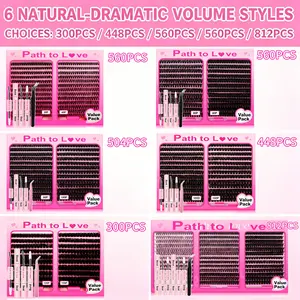 300PCS / 448PCS /504PCS /560PCS / 560PCS / 812PC Cluster Lash Kit, DIY Individual Lashes, Natural Voluminous Look, Glue & Tweezers Included, 9-16mm Mixed D Curl, Soft Lightweight Waterproof Lashes, Beginner Friendly Home Lash Extension Daily & Glam Makeup