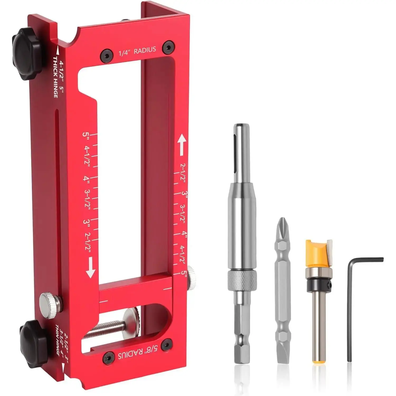Door Hinge Jig Router Template Kit • Adjustable Metal Door Hinge Mortise Tool with Built-in Clamp • Woodworking Router Bit & Self-Centering Drill Bit Set for Door Installation