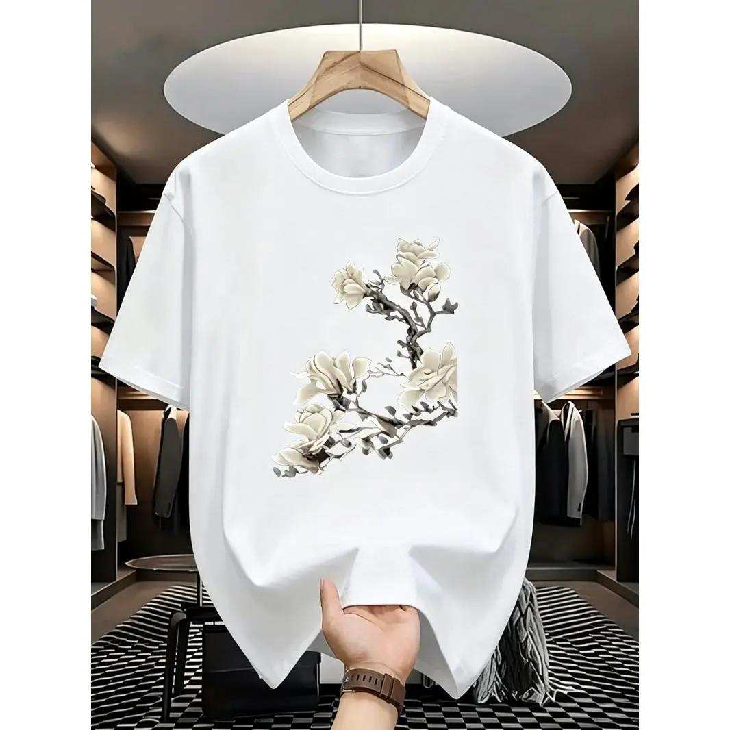 Unisex Chinese Ink Wash Floral Graphic T-Shirt, Oriental Aesthetic Print, Casual Crew Neck Top for Daily Commute & Outdoor Activities