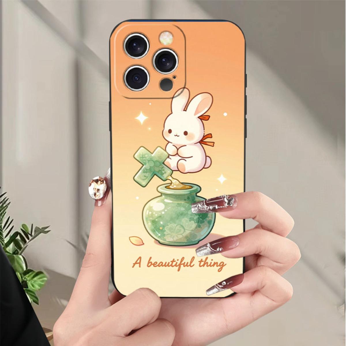 Phone case: Cute Christian rabbit and cross clover jar design, faith-inspired phone case suitable for iPhone 17/17pro/16/X/XS/XR/11/12/13/14/15/16Plus/17ProMax, printed imitation liquid silicone phone case