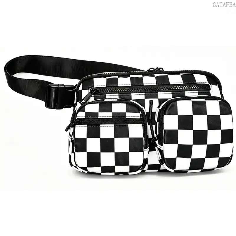 Trendy Y2K Black & White Checkered Crossbody Fanny Pack, Multi-Pocket Convertible Waist Bag with Adjustable Strap, Large Capacity Lightweight Street Style Sling Purse for Daily Use, Travel and Festivals