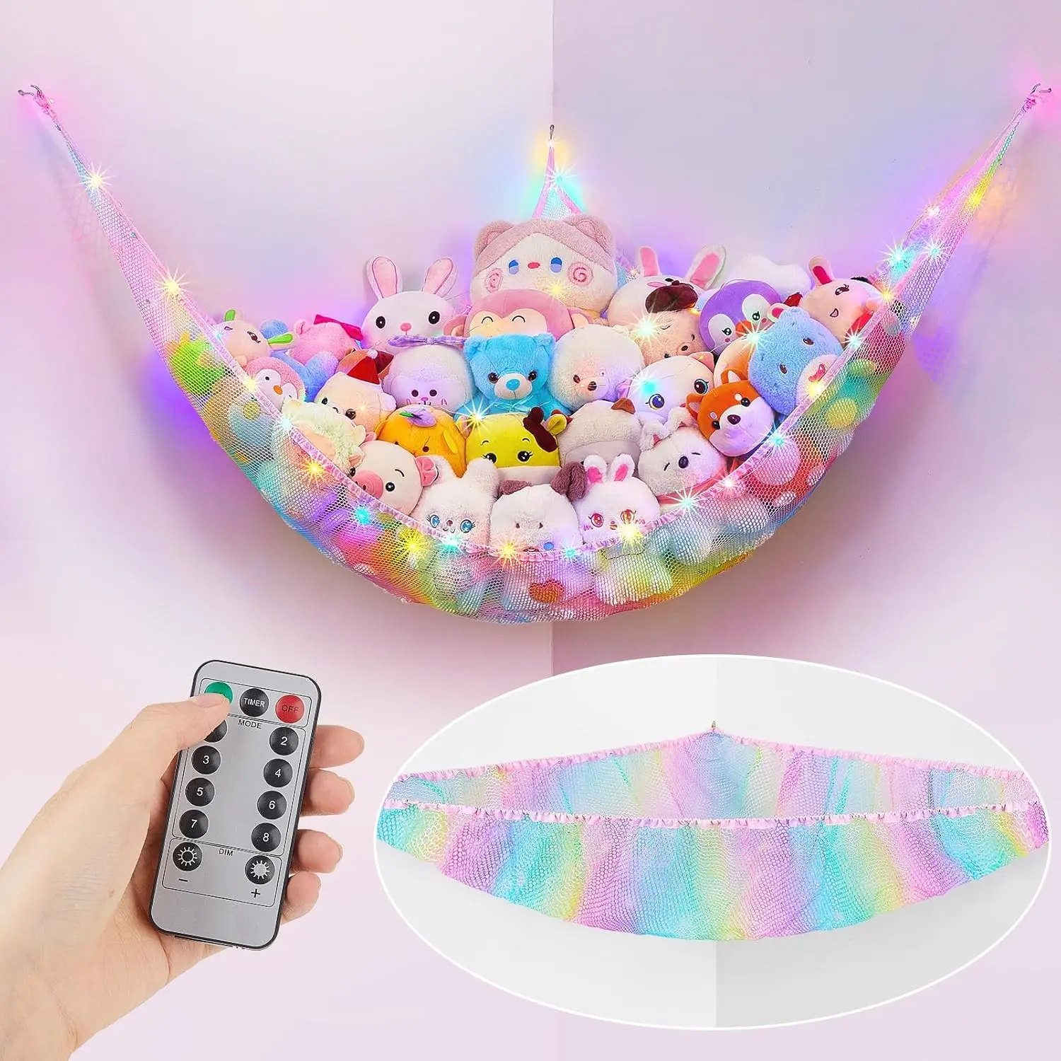 Unicorn Castle LED Light Stuffed Animal Wall Net Hammock, Corner Mount Toy Organizer, Hanging Holder for Nursery Room Decor, Led Lights