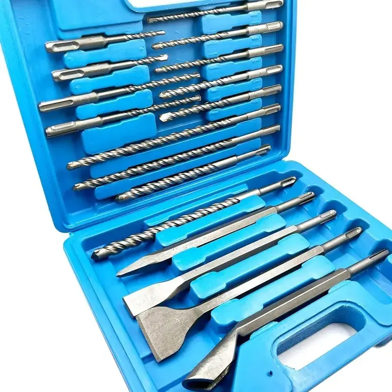 17-Count SDS Plus Rotary Hammer Drill Bits & Chisels Boxed Set, Multi-Size Split Point Masonry Tools for Concrete Hole Drilling, Brick, Block