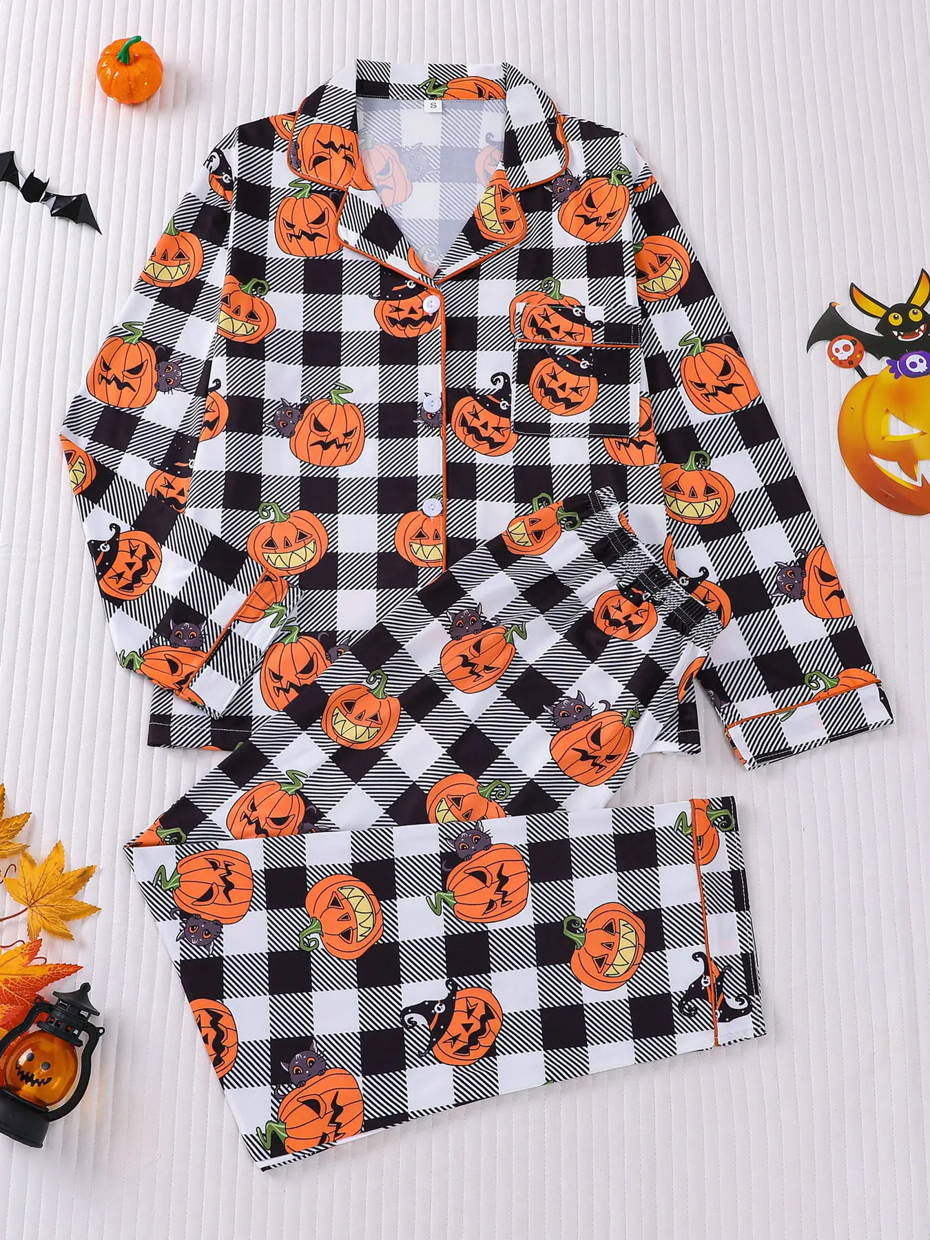 Women's Plaid Checkered Pumpkin Print Pajama Set, Pocket, Long Sleeve Top & Elastic Waist Pants, Soft Comfortable Knitted Loungewear Sleepwear for All Seasons