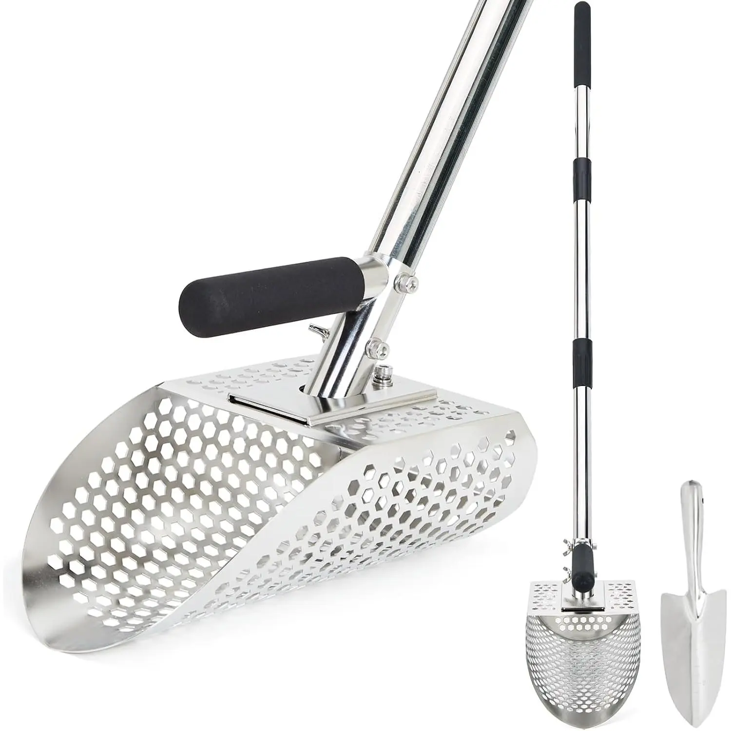 Sand Scoop for Metal Detecting, Stainless Steel Metal Detector Scoop with Long Steel Handle, Sand Sifter for the Beach, Metal Detector Accessories, Metal Detecting Shovel, Sand Flea Rake for Beach