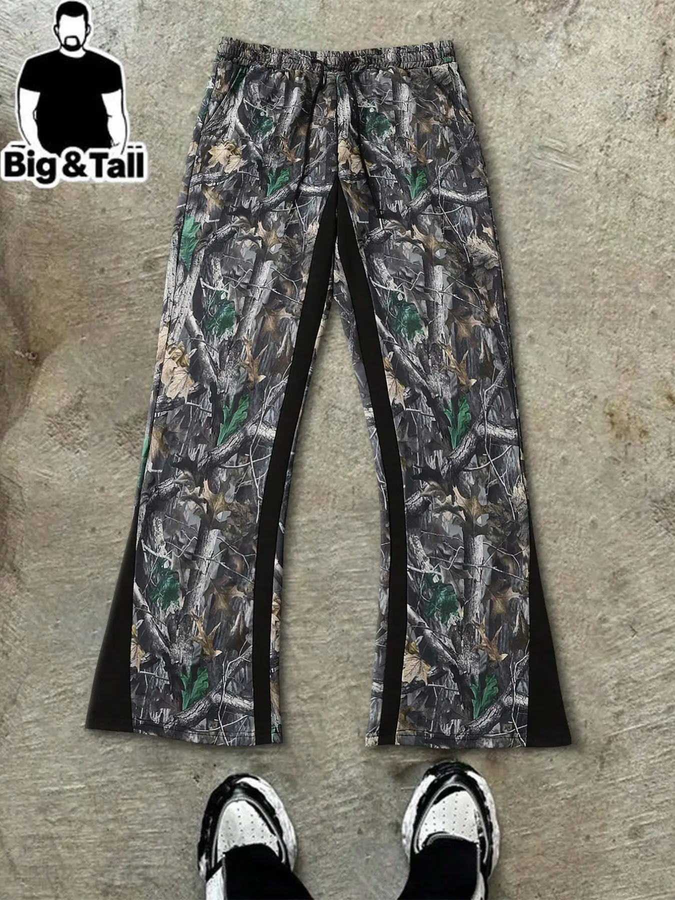 Big & Tall Plus Size Oversized Men's Tree Camouflage Black Stripe Panel Flared Sweat Pants, Elastic Drawstring Waist, Loose Wide Leg Fit, Soft Light Breathable Fabric, Vintage Street Y2K Daily Casual Streetwear Bottoms