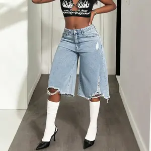 Rough edge denim five-point pants women's high waist loose straight washed pants European and American summer leisure