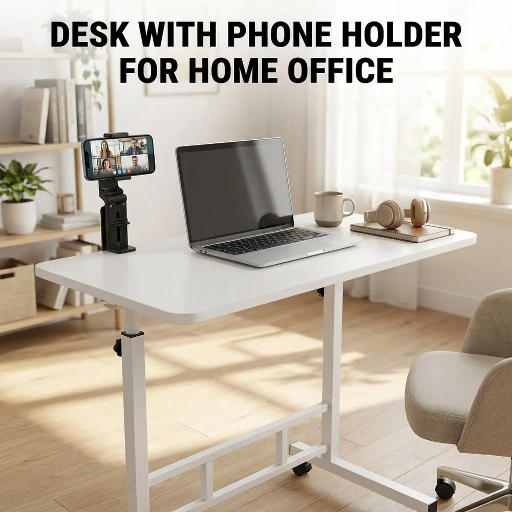 Adjustable Height Rolling Desk with Built-In Phone Holder - Compact Mobile Laptop Desk for Study/Work, Bedroom Home Office Use (Students, Remote Workers)
