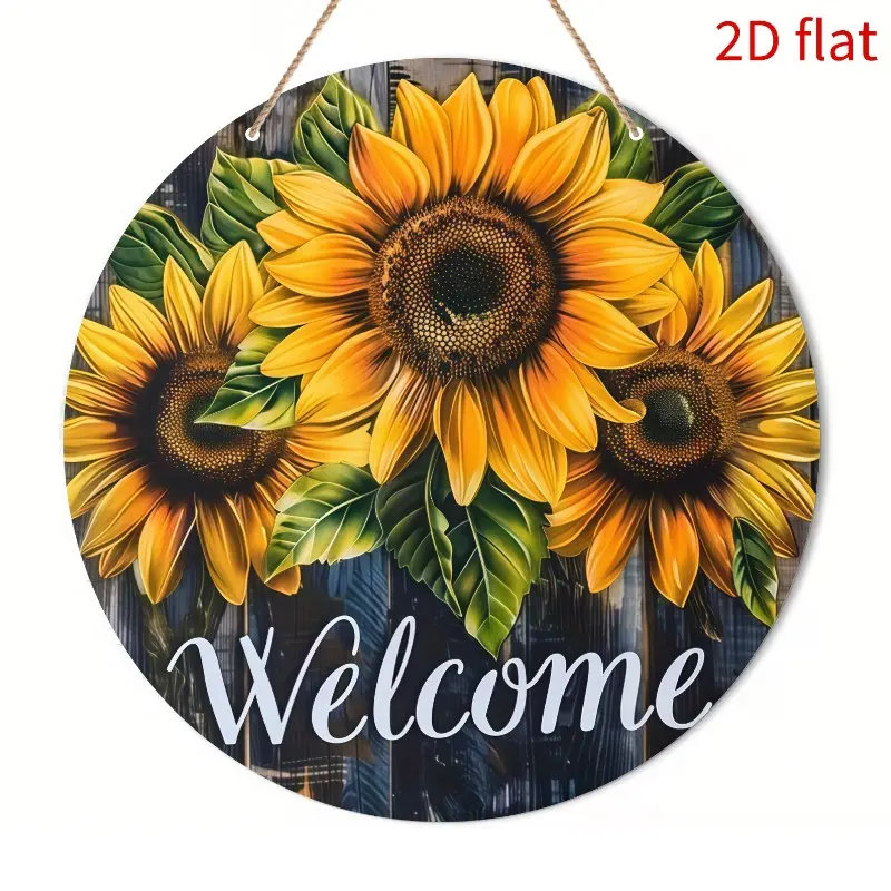 2D Flat Rustic Wooden Welcome Wreath with Sunflowers and Butterflies - 9inch Round Farmhouse Door Hanging Decoration, Wooden Wall Decor, Suitable for Porch, Front Door, Weddings, Parties - Dark Blue/Green/Yellow/Gold Rustic Style Gift