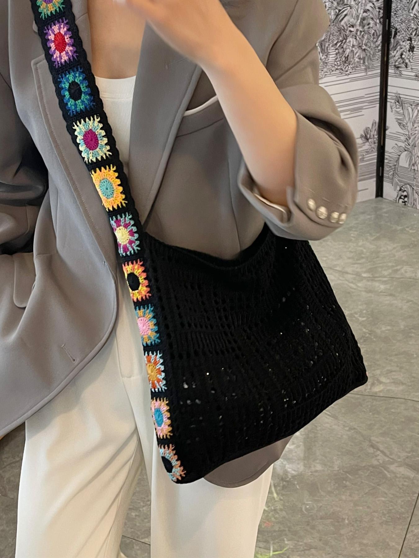 Women's Fashionable Floral Pattern Crochet Shoulder Bag, Boho Style Crossbody Tote Bag for Daily Used, Casual Trendy Versatile High-quality Daily Commuting Bag