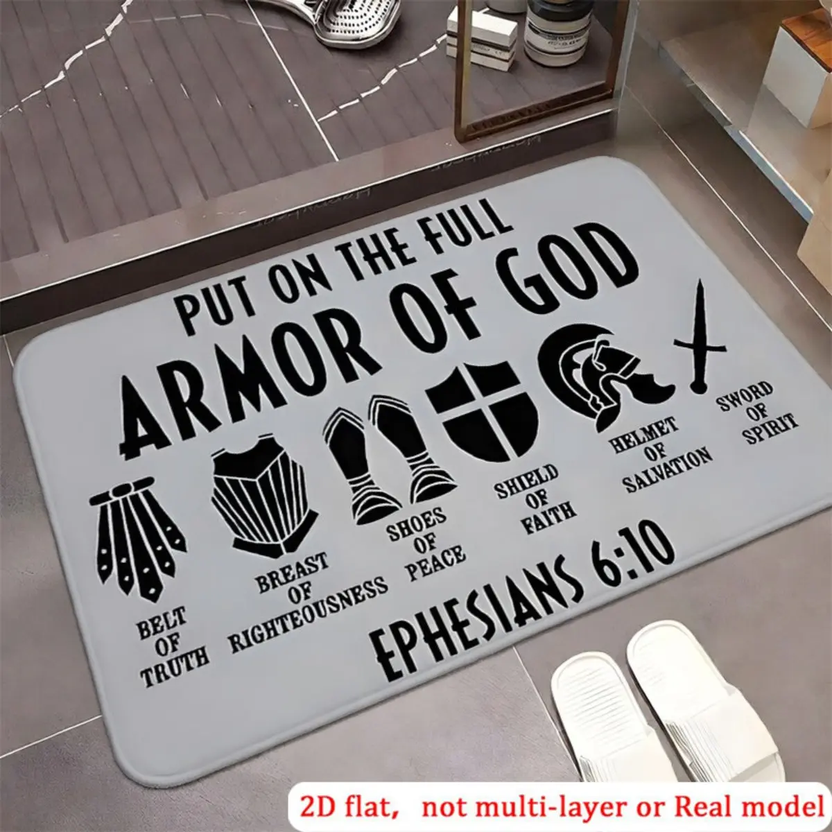 2D flat-print, 1-piece set.God’s Complete Armor Christian Scripture Door Mat, Religious Bible Scripture Printed Velvet Area Rug, Spiritual Belief Theme Entrance Mat, suitable for living room decor, moving-in gifts, 2D flat-print.