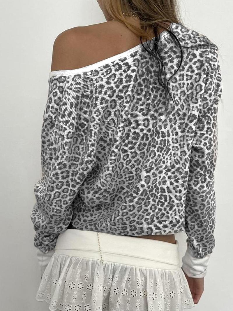 Women's Leopard Print Button Front Tee, Y2K V Neck Long Sleeve T-Shirt for Fall & Winter, Women's Clothes for Daily Wear