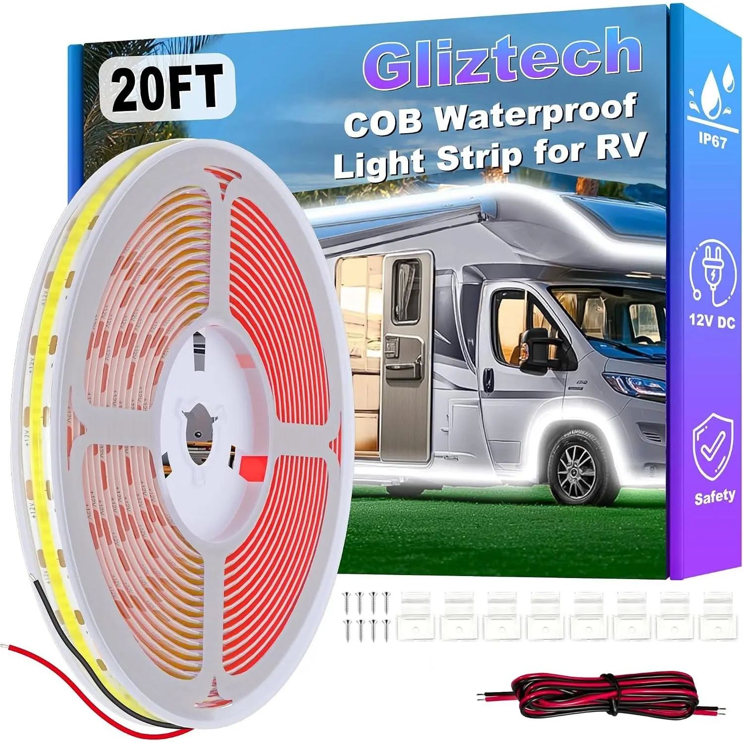RV Awning Lights 20FT, IP67 12V White COB Waterproof | Camper Awning Lights for RV Canopy Exterior, Underglow Led Light kit for Motorhome, Travel Party, Trailers, Food TrucksGift