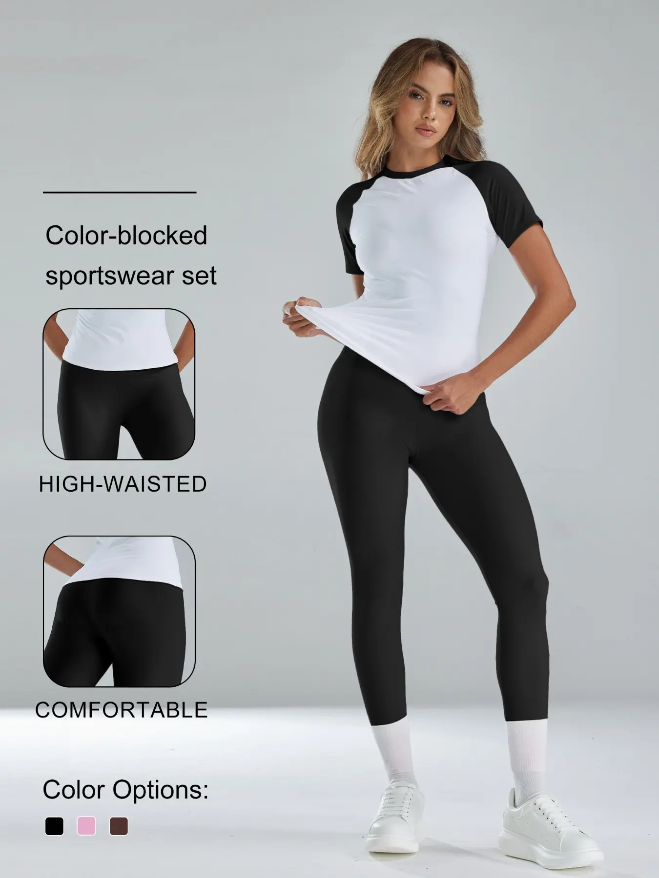 Women's Sculpting Workout Set | Contrast Sleeve Tee & High Waist Leggings Activewear