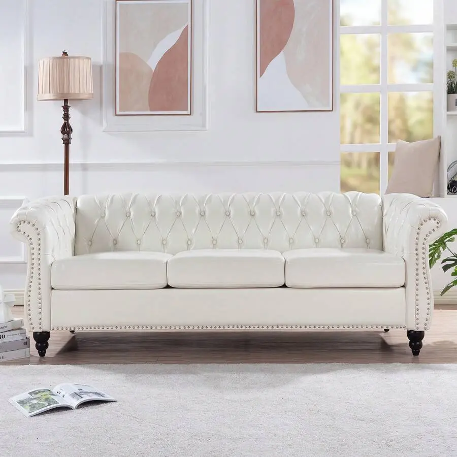 80" Width 3-Seat Modern PU Leather Chesterfield Sofa, Comfy Living Room Couch with Classic Tufted Upholstery, Deep Buttons, Rolled Arms, Sturdy Frame, Ergonomic Plush Comfort, Easy Maintenance (80"W x 30"D x 29"H)