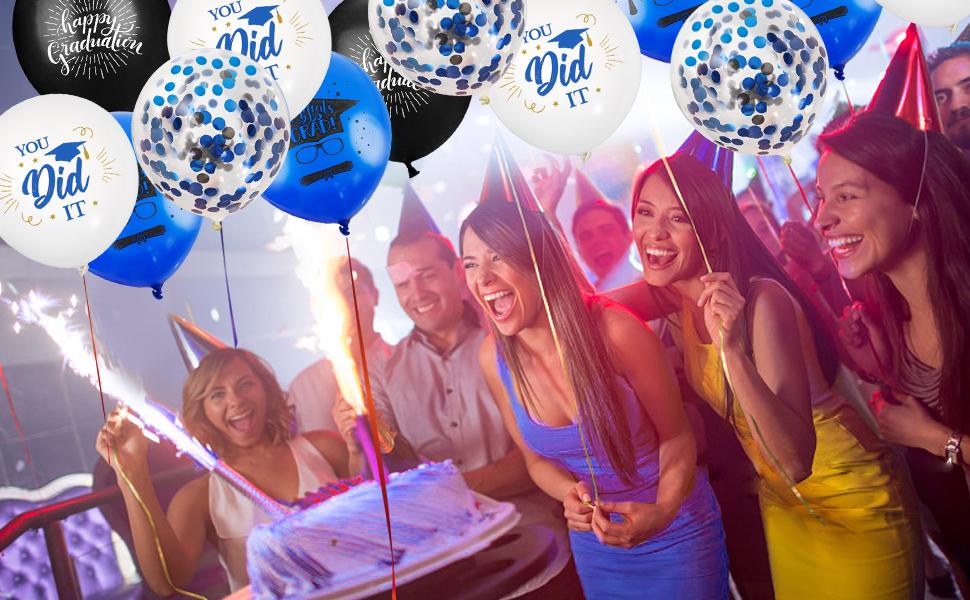75 Pack Graduation Party Decorations Balloons Set - 12 Inch Black Blue Confetti Graduation Balloons with Ribbons for Grad Party Decoration Supplies