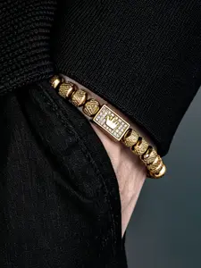 Men's Luxurious Micro-Set Square Crown Bead Bracelet, Adjustable Size, Women's Elegant Braided Bracelet, Fashion Jewelry Accessory