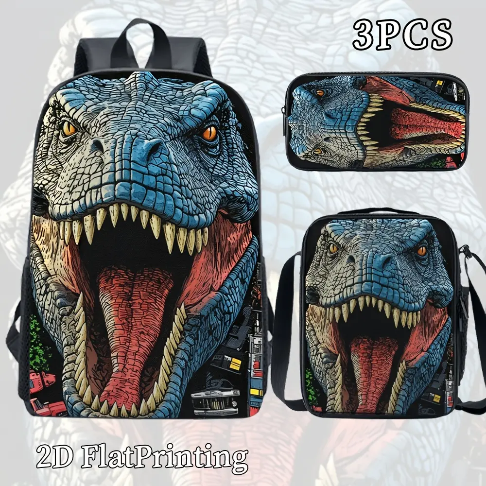 3pcs Unisex Large-capacity Backpack Set, Trendy Cool Dark Style, Black Base with Giant-toothed T-Rex Print, 2D Printed Pattern, Adjustable Shoulder Straps, Zipper Closure.The Set Includes a Backpack, Crossbody Bag, and Pencil Case