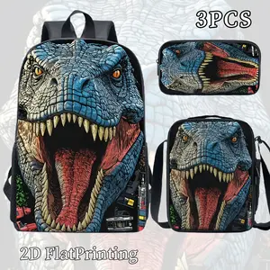 3pcs Unisex Large-capacity Backpack Set, Trendy Cool Dark Style, Black Base with Giant-toothed T-Rex Print, 2D Printed Pattern, Adjustable Shoulder Straps, Zipper Closure.The Set Includes a Backpack, Crossbody Bag, and Pencil Case