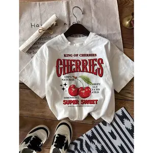 Women's Casual Y Crew Neck T-Shirt - White Cherry Print with "King of Cherries" Graphic, Breathable Summer Top, Machine Washable, Spring Fashion Trendy Graphic Tee, Comfortable Fit for Daily Wear, Lightweight Street Style Top