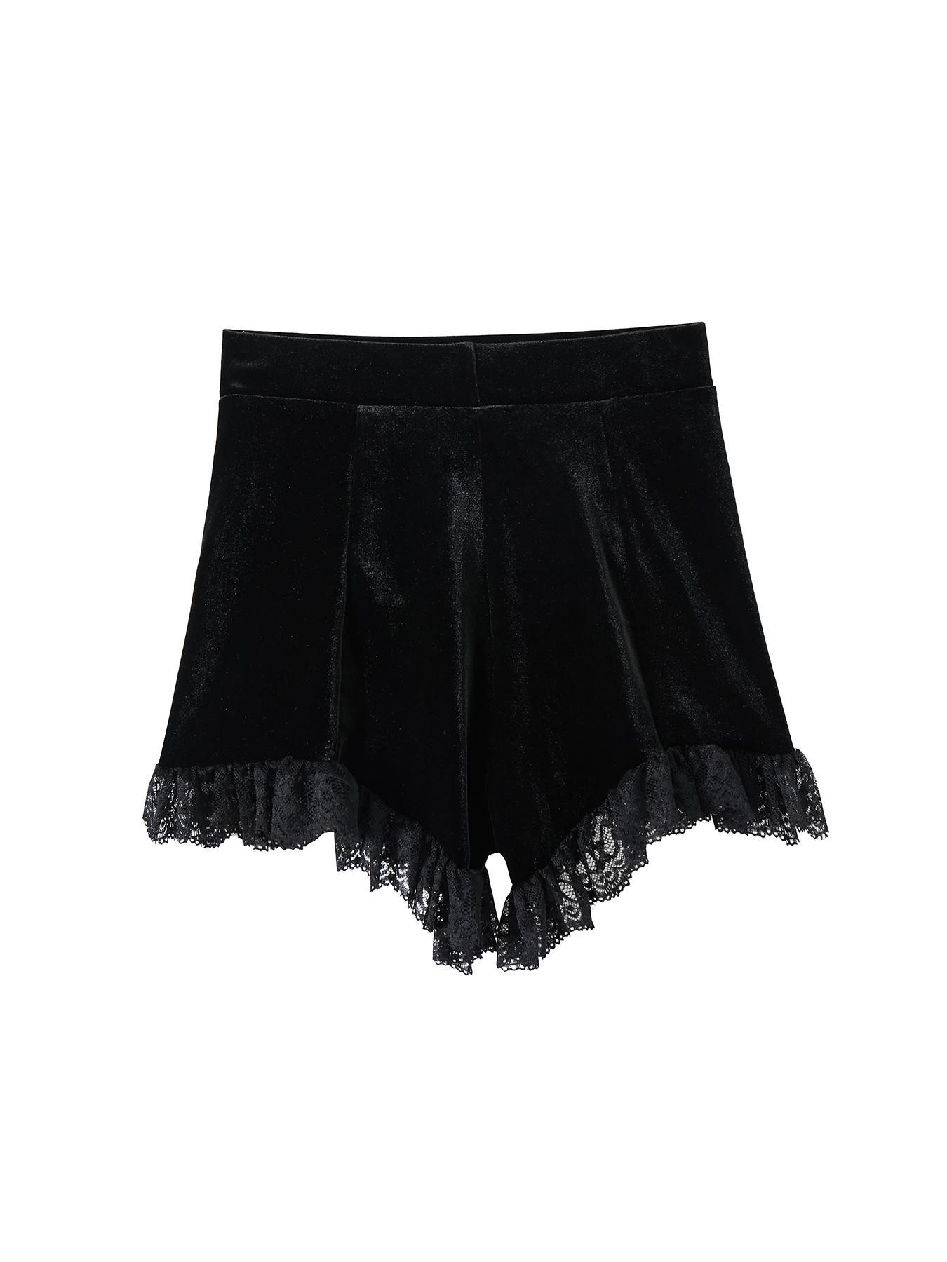Women's Contrast Lace Ruched Velvet Shorts without Waist Belt, Goth Asymmetrical Hem High Waist Skinny Shorts for Party Holiday Vacation, Girly Clothing, Ladies Bottoms for All Seasons, Shorts for Women, Womenswear, Chic, Fashion