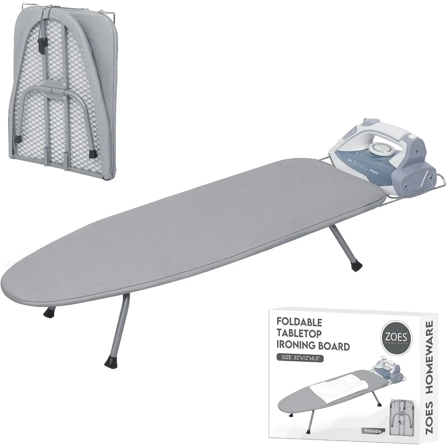 Ironing Board, Small Iron Board with Iron Rest, Mini Tabletop Ironing Board with Heat-Reflective Cover and 100% Cotton 8mm Thicken Pad, 31.5"x11.8"x6.2", Silver