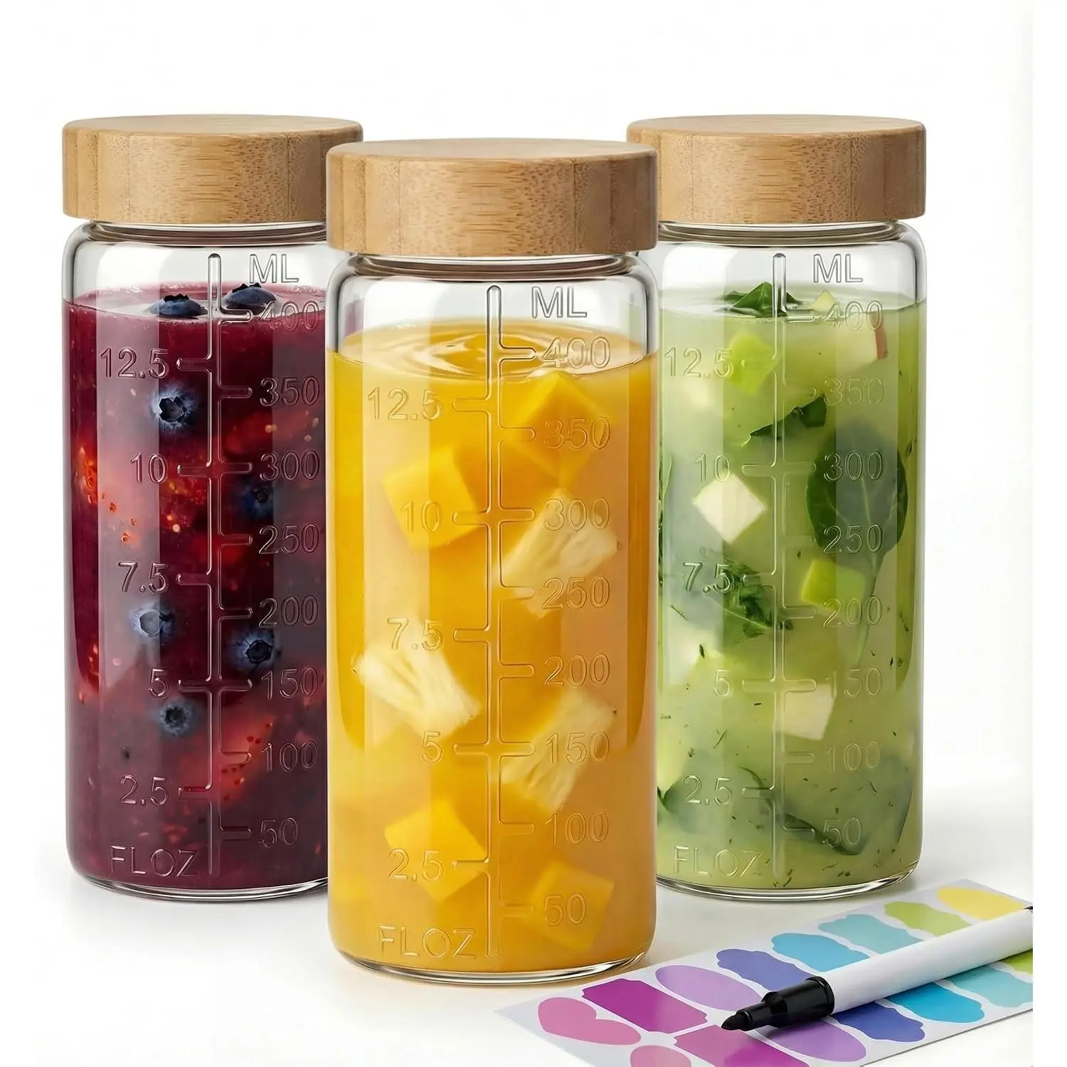 HomArtist 16oz Round Glass Juice Bottles with Lids, 3 Pack Reusable Juice Containers with Bamboo Lids, Glass Juicing jars for Drinking Tea, Kombucha, Smoothie, Milk