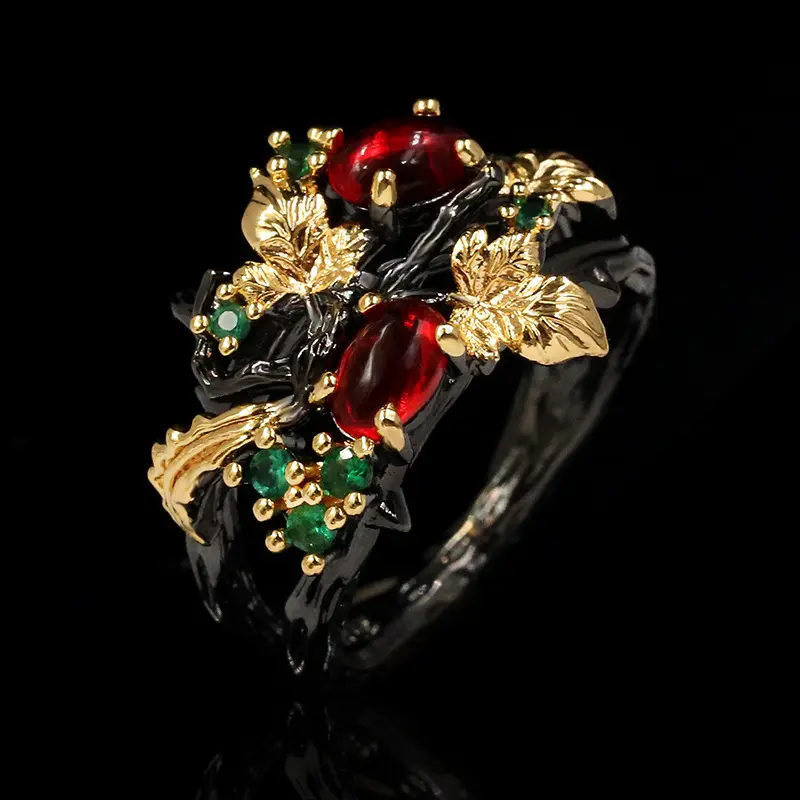 Loveden Two-Tone Black Gold Floral Leaf Ring for Women, Vintage Red Oval Gemstone With Green Zircon Inlaid Statement Ring, Gothic Colorful Flower Branch Designer Jewelry, Luxury High-End Party Banquet Accessory, Ideal Birthday Anniversary Gift
