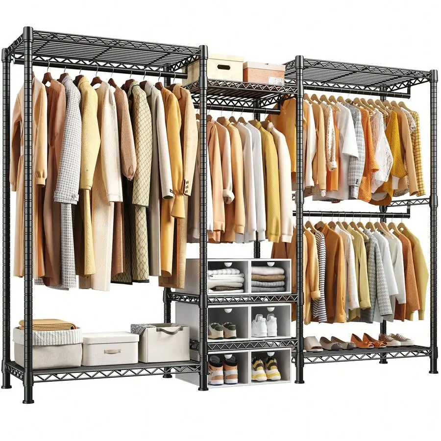 Heavy‑Duty 725LBS Metal Clothes Rack – 4 Hanging Bars, 7‑Tier Shelving, Convertible Linear/Corner Configuration – 77" X 70.5" X 13.8", Rust‑Resistant Steel Tube Perfect For Bedroom, Walk‑In Closet, And Retail Displays, Black
