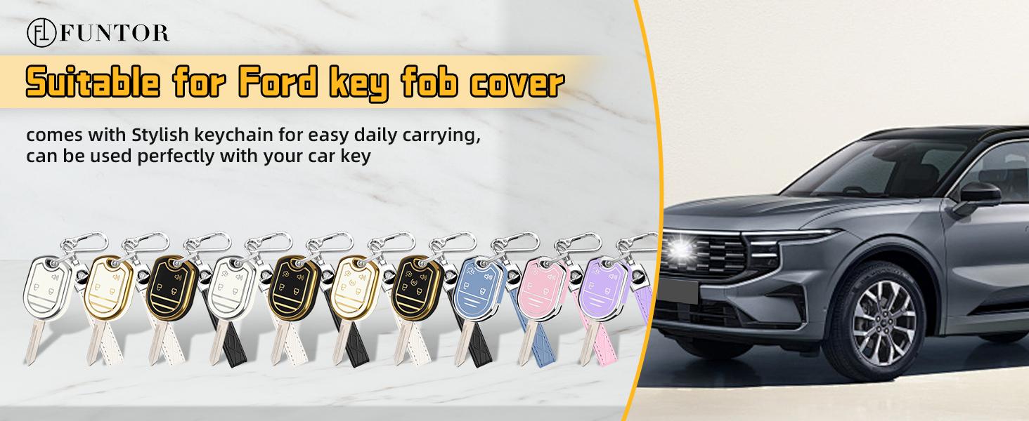 for Ford Key Fob Cover with Keychain,Tup 360° Full Protection Hard Case,Compatible with Ford F-150 F-250 F-350 F-450 F-550 F-650 Super Duty Explorer Expedition (Purple, Silver Border)