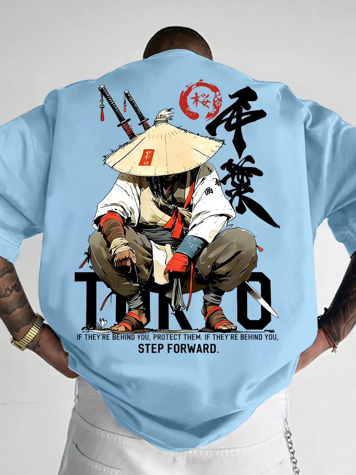 Men's Loose Fit Short Sleeve Tee, Vintage Japanese Samurai Double-Side Print Casual T-shirt, Tokyo Oriental Art Streetwear, Breathable Daily Tops