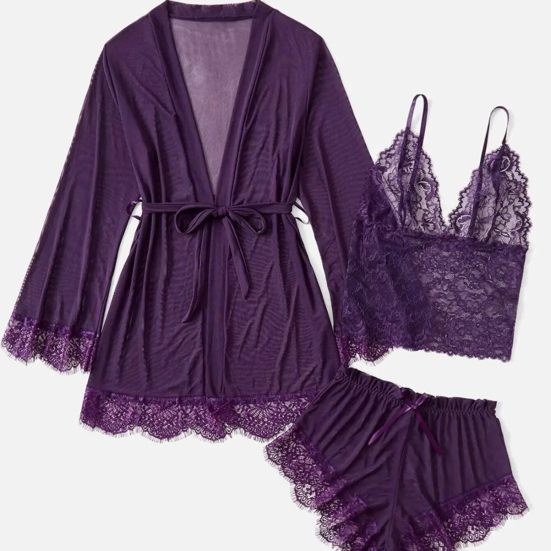 Women’s 3-Piece Summer Smooth Fabric Pajama Set - Feminine Lace Trim Cami, Spaghetti Strap Top, Matching Shorts, Soft Lightweight Casual Wear Loungewear for Bedroom Relaxing, Vacation