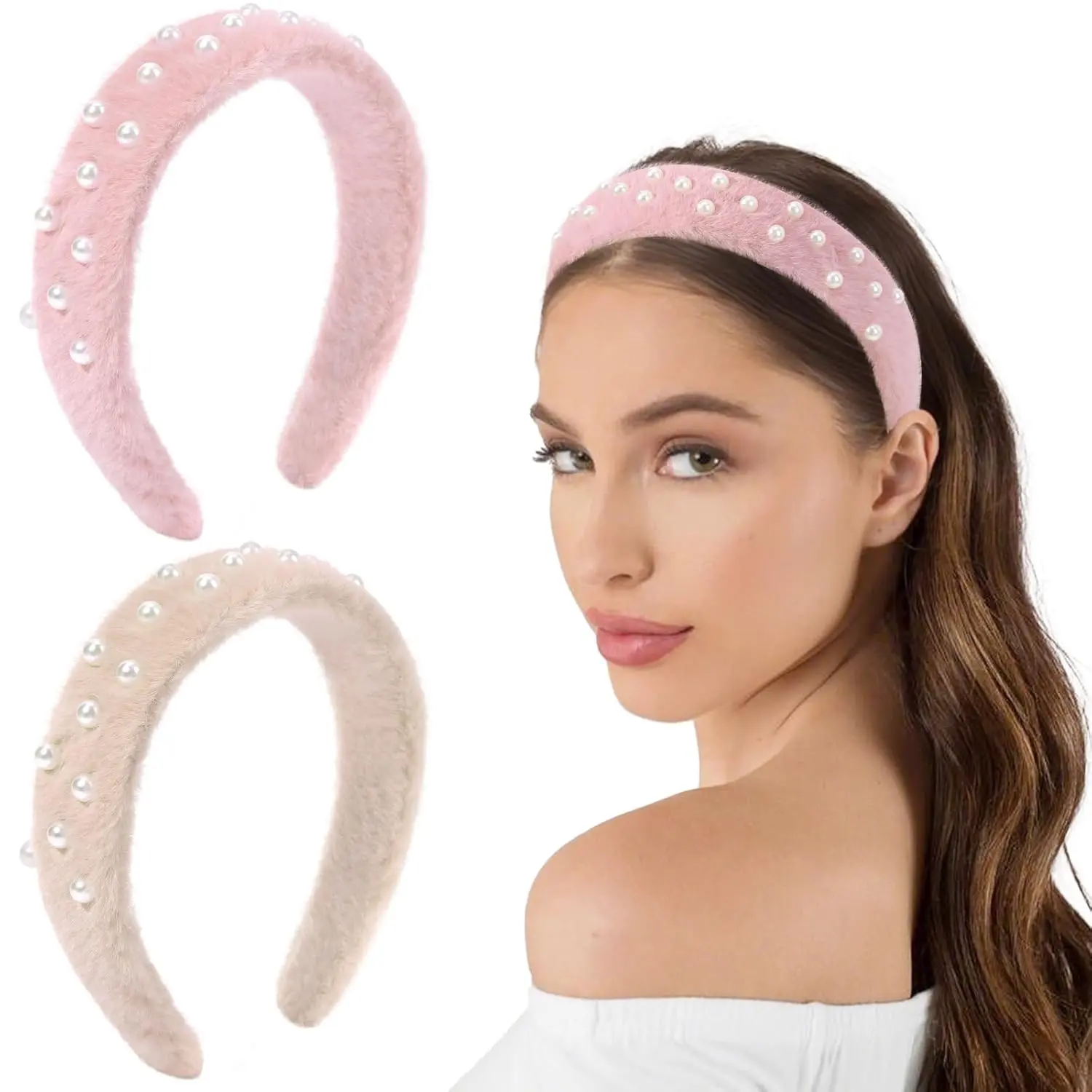 Headband for Women, 2 PCS Fur Headbands Non Slip Wide Cute Padded Headbands for Girls Women's Fashion Accessories Fall Velvet Head Bands (Yellow and Pink with Pearl)