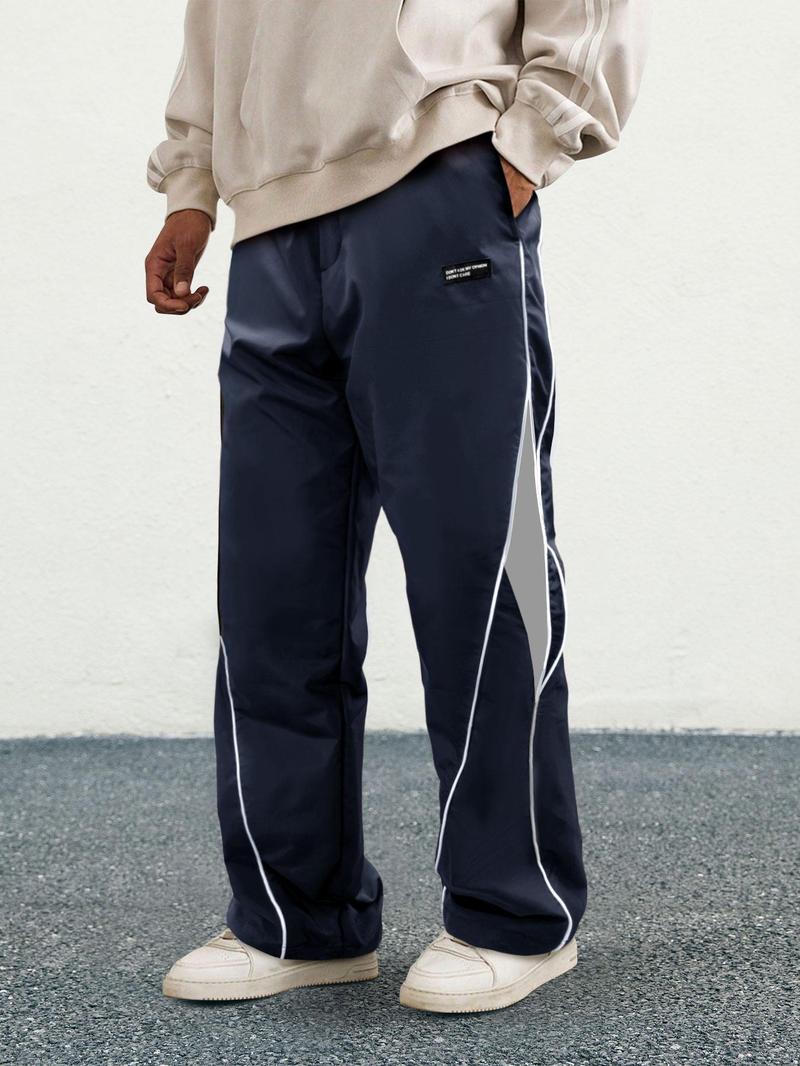 Men's Letter Patchwork Pants with Stripe & Drawstring Design, Casual Loose Pocket Trousers for Daily Wear, Fashion Men's Bottoms for All Seasons