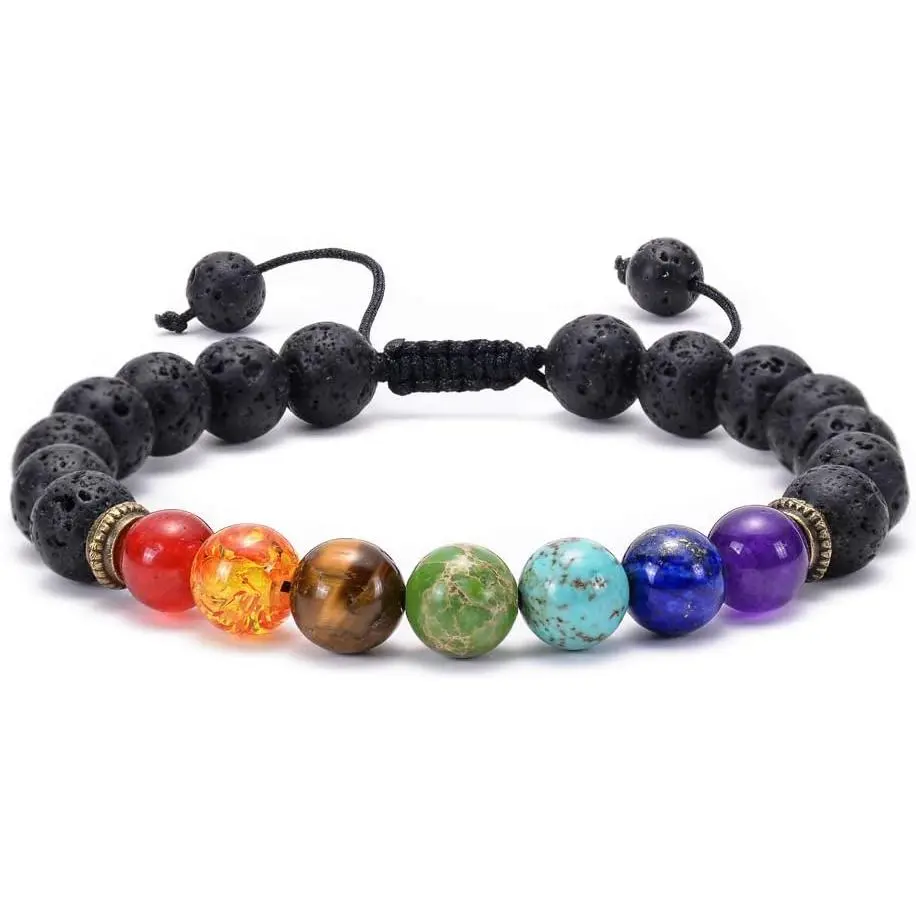 Lava Rock Chakra Bracelet 7 Chakra 8mm Natural Stone Healing Bracelet Stress Relief Yoga Beads Anxiety Bracelet Aromatherapy Essential Oil Diffuser Bracelet Bangle