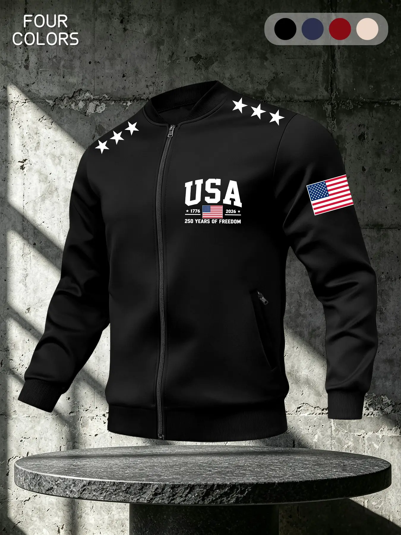 Men's Vintage Usa Flag Jacket, Long Sleeve Peter Pan Collar Outerwear, Zipper Pocket Design, Perfect Gift for Veterans, All Seasons