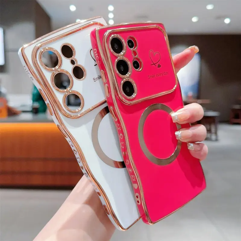 HISTORYOO Case for Samsung Galaxy S26 Ultra  S25 S24 S23 S22 Ultra / Plus Magnetic Wireless charging Soft Cute Wave Frame Curly Shape Love Heart Luxury Plating Protective Phone Case Compatible with MagSafe Shockproof Back Cover for Women Girls