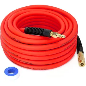 Hybrid Air Compressor Hose 3/8 in x 50 ft, Heavy Duty, Lightweight, Flexible and Kink Resistant Compressor Hose with 1/4" Industrial Brass Fittings, Red