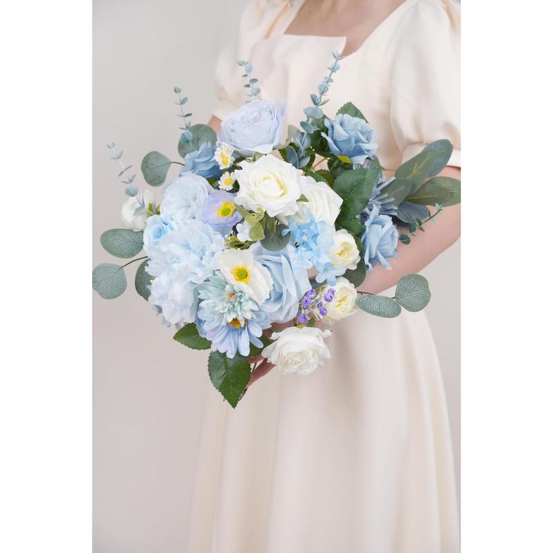 Artificial Flower Combination Box Set Artificial Flower Loose Leaves and Stems DIY Wedding Center Bouquet Bride Wedding  Shower(Fresh Light Blue)