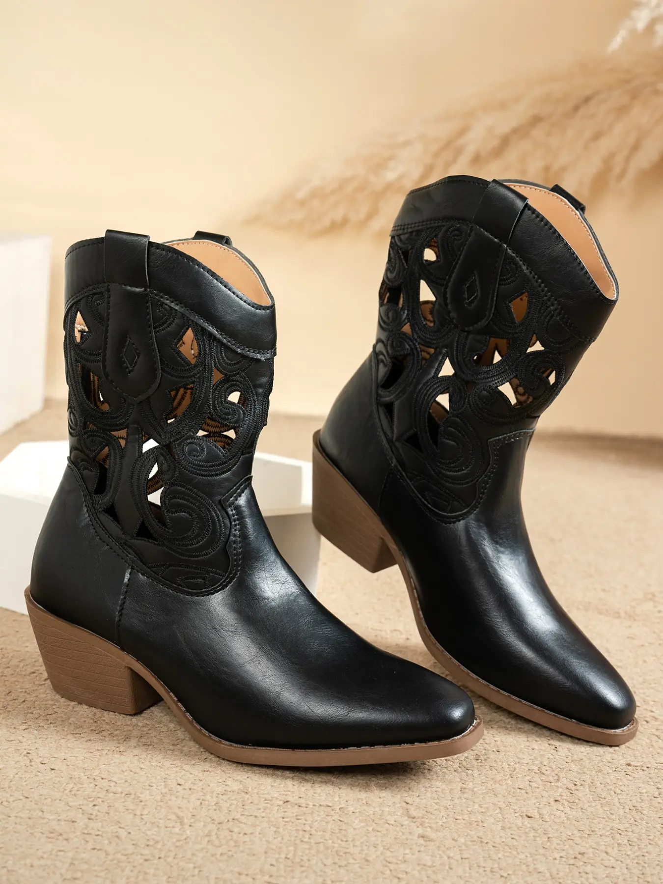 New Women's Hollow Out Western Boots, Carved Mid-Calf Boots, Sloped Thick Heel, Perfect for Grassland Hikes, Road Trips, Summer Markets, Outdoor Camping