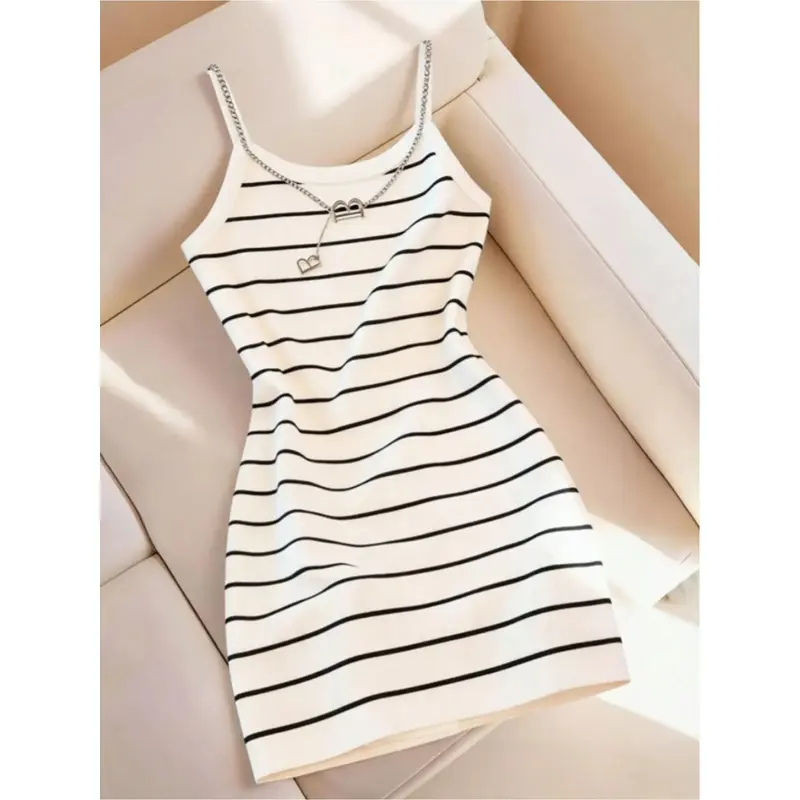 Summer hot girl style striped slip bodycon dress, Casual elegant dress, Sleeveless, Spaghetti Strap, figure-flattering knitted tight short skirt, pure and seductive style dress, suitable for daily commuting, dating, gatherings, short trips