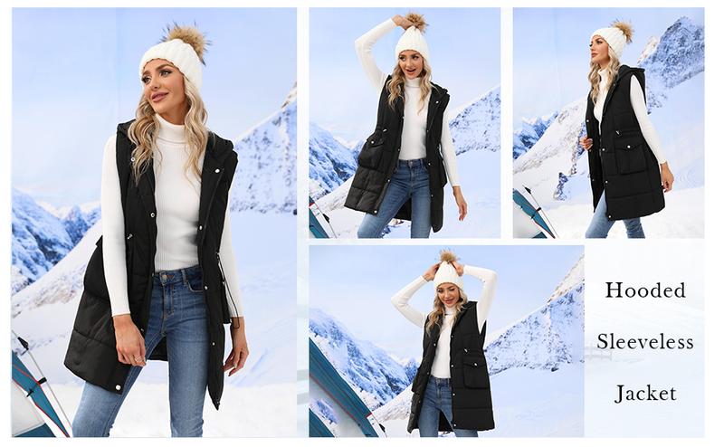 FMEYOA Women Quilted Sleeveless Jacket Vest Hooded Thick Long Coat Winter Warm Outwear