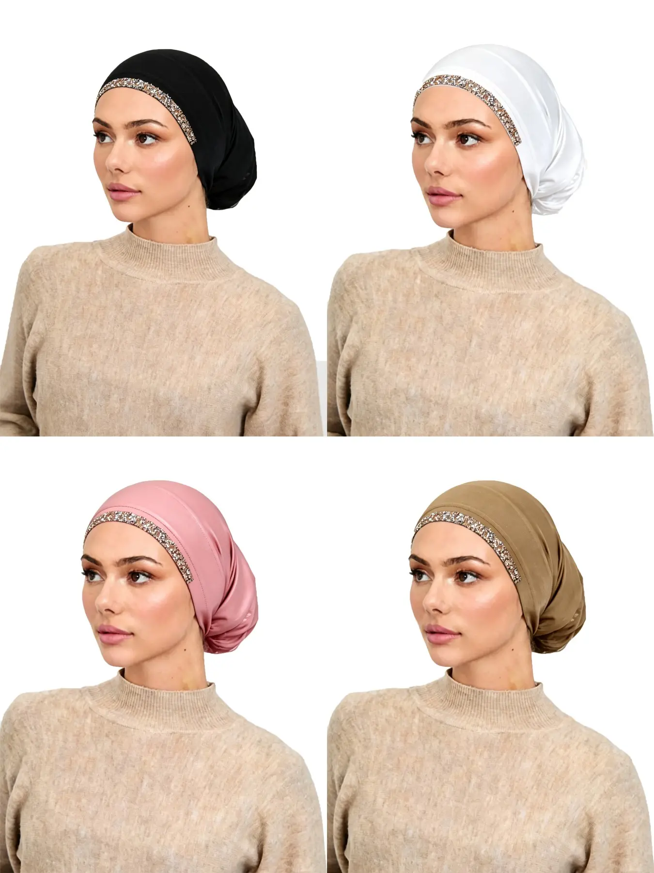 4pc/set Women's Rhinestone Sequin Headscarf, Stretchy Soft Mercerized Cotton, Daily Indoor Outdoor Wear, Perfect Gift for Evening Occasions, Muslim Headscarf Cover