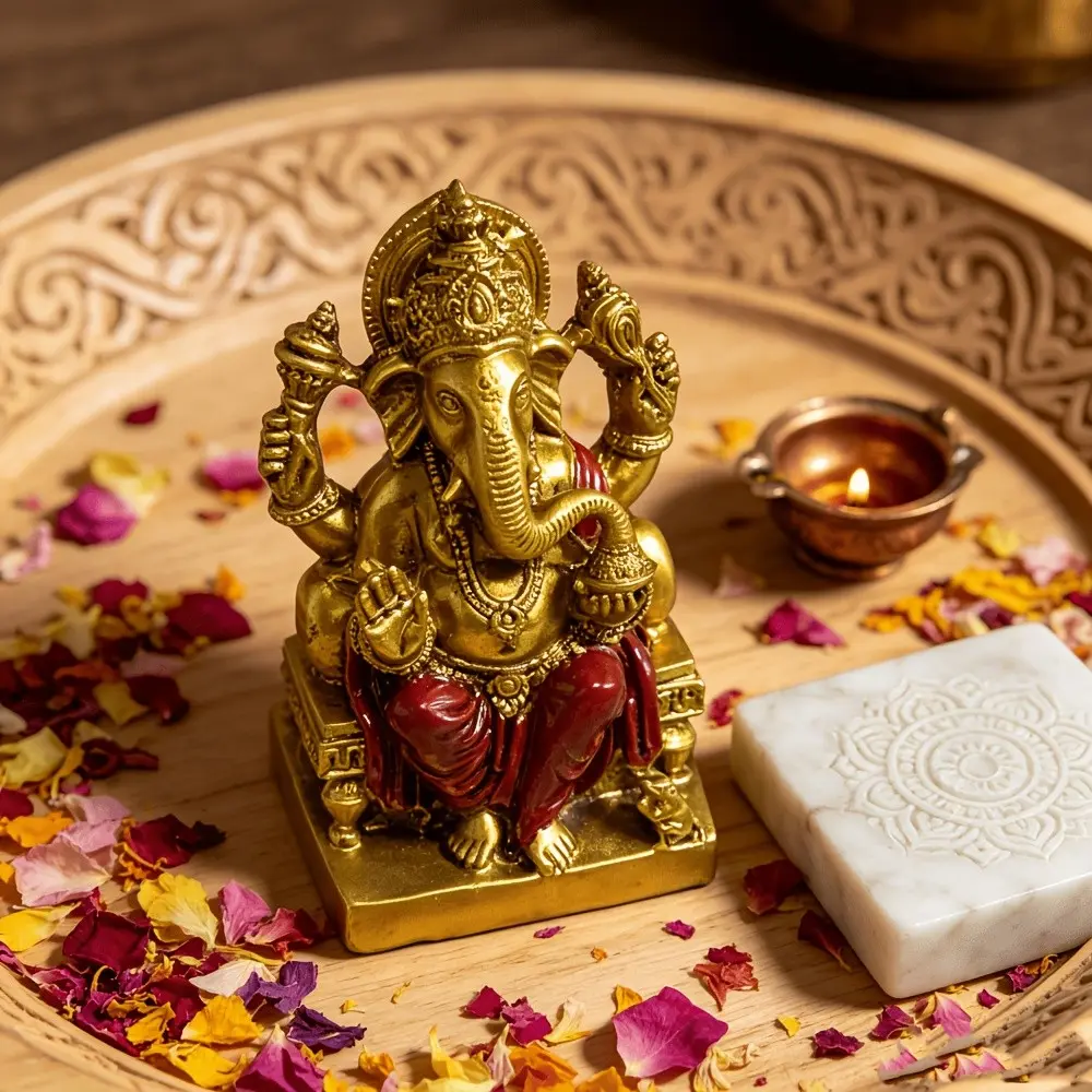 1pc Indian Golden Ganesha Statue Ornament, Traditional Hindu Idol Decorative Piece, Ideal for Home Decoration and Spiritual Practices