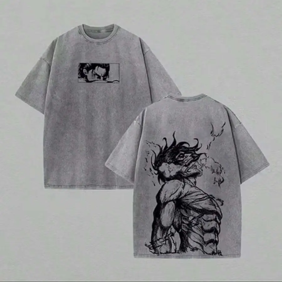 Mineral Washed Crew Neck Tee Oversized Japanese Anime Fighter Print Pure Cotton Graphic T Shirt Casual Streetwear Summer Apparel Ideal Gift For Anime Enthusiasts
