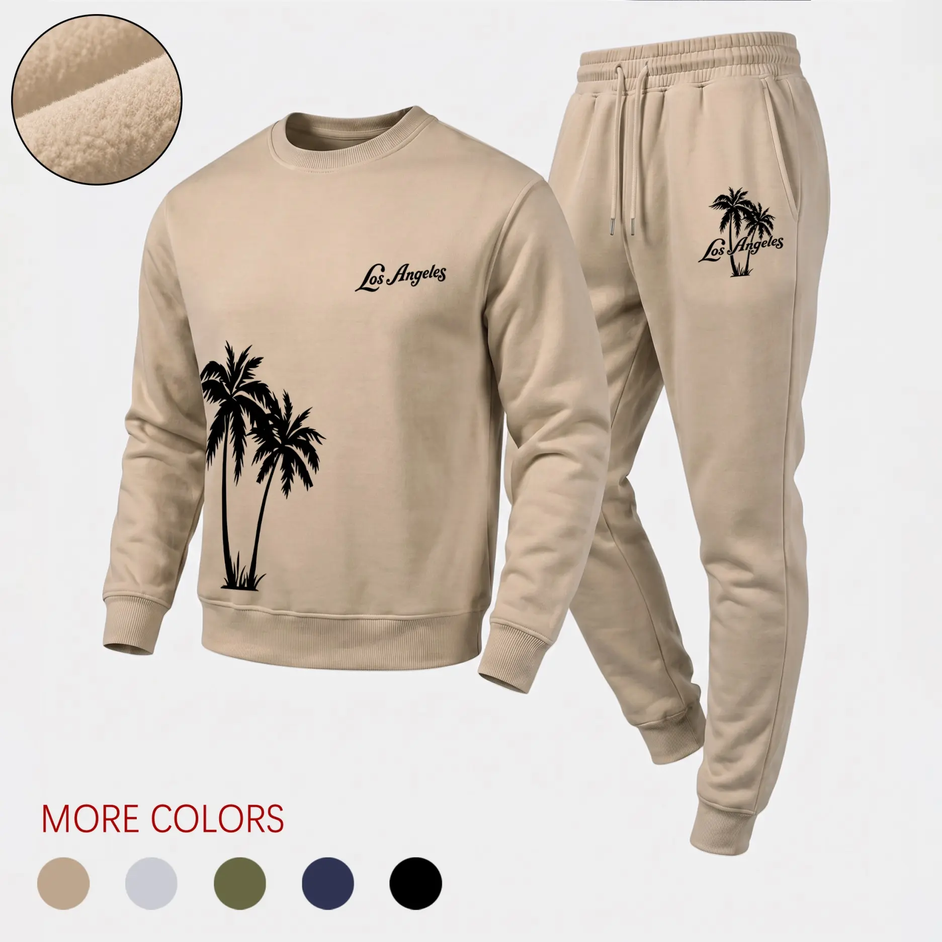 Men's 2-Piece Graphic Print Tracksuit - Casual Los Angeles Crewneck Sweatshirt & Long Sleeves Joggers, Loose-Fit Breathable Polyester Clothes, Round Neck, Drawstring Waist, Minimalist Daily Loungewear