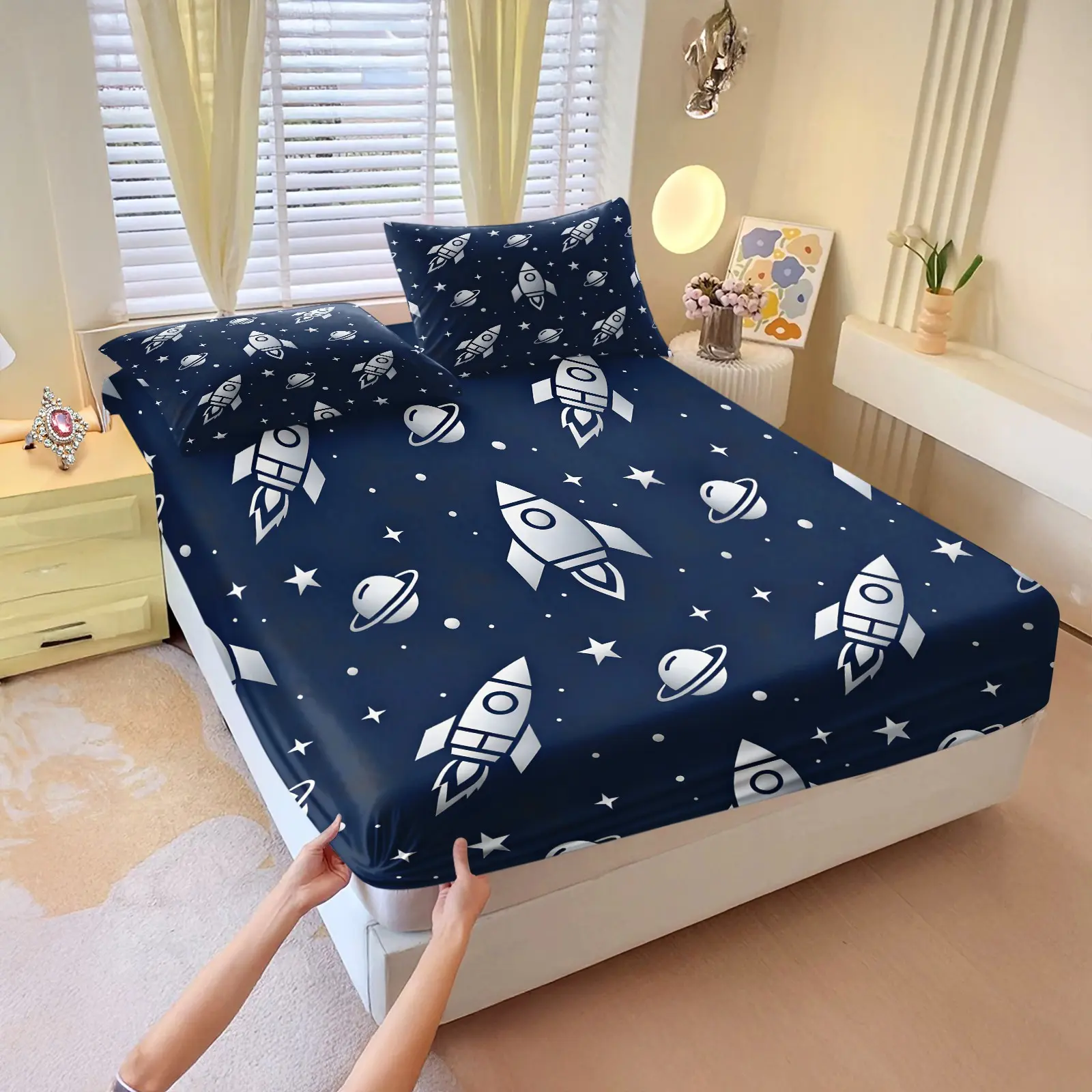3Pcs Cartoon Creative Print Fitted Sheet Set, Snug Fit No Shifting, Durable Easy Care, For Homeowners Renters (No Filler, No Pillowcases)